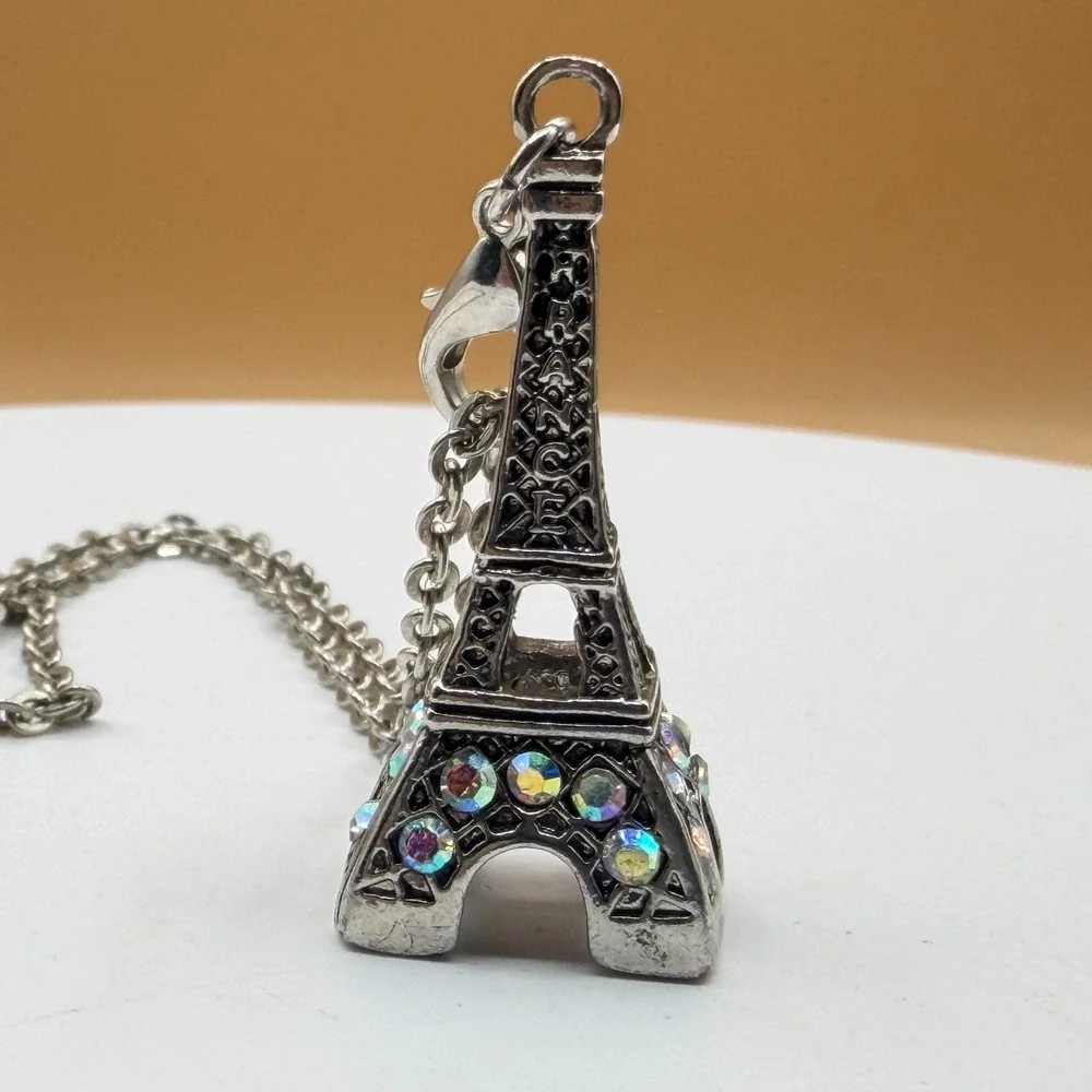Eiffel Tower Necklace AB Rhinestone Silver Tone Paris Travel Pendant Charm Gift